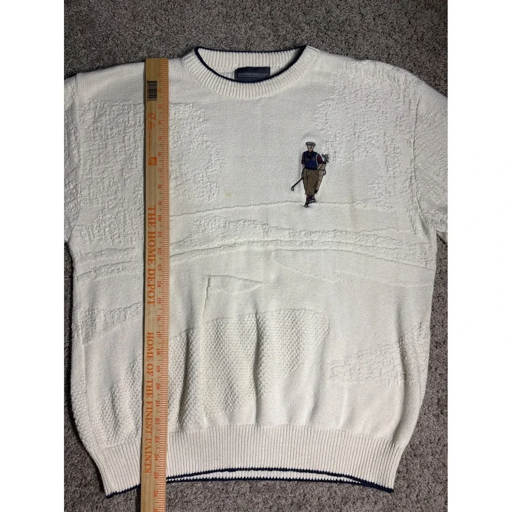 Vintage Express Tricot Mens Golf Embroidered Textured Knit Sweater Cream XL